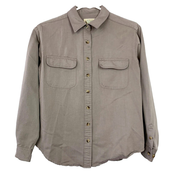 Vintage 90s SJB St Johns Bay Light Brown Button Twill Shirt Womens Petite Medium - Picture 1 of 3